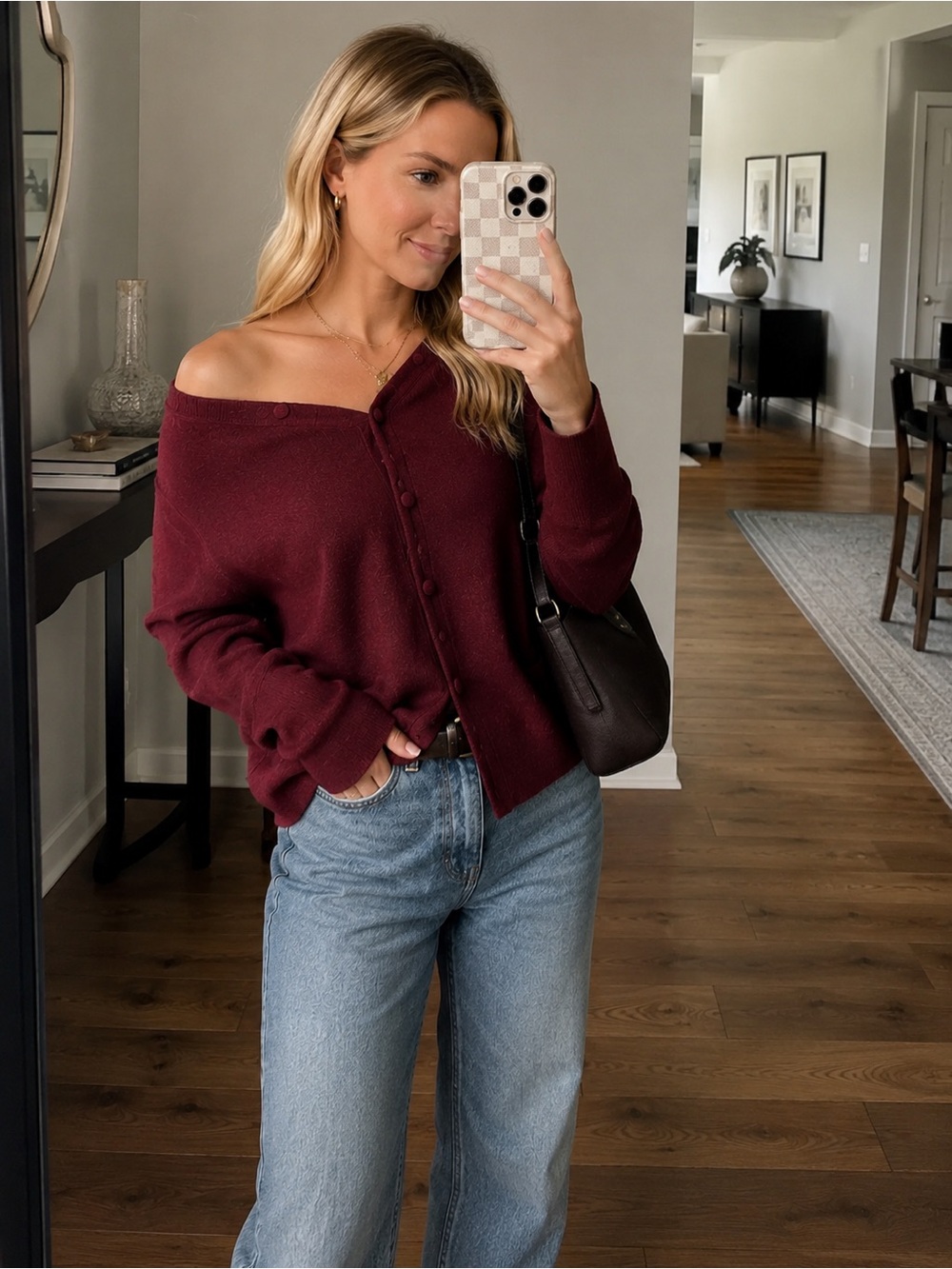 Anthropologie Maroon Button-Front Knit Cardigan